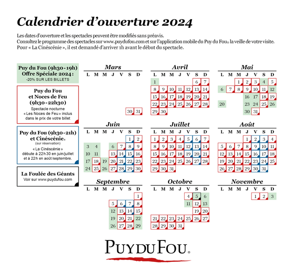 Puy Du Fou - Billets Non Dates 2024, Puy Du Fou Les Epesses du 30 mars au  3 nov. 2024